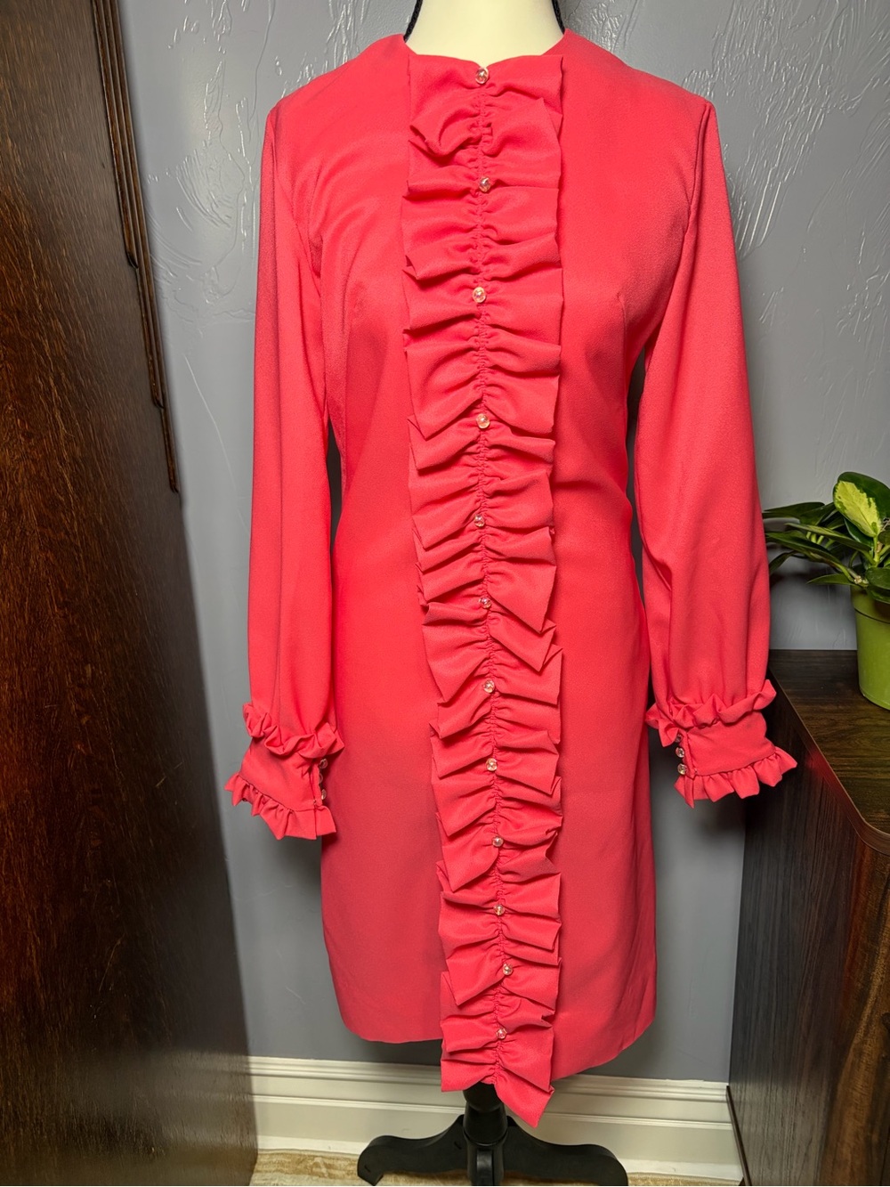 60’s Vintage Handmade Coral Ruffle-Front Long Sleeve Dress